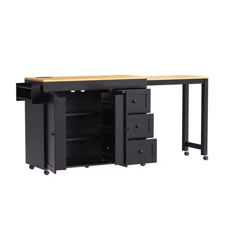 Îlot de cuisine avec table extensible, rangement et prise électrique
