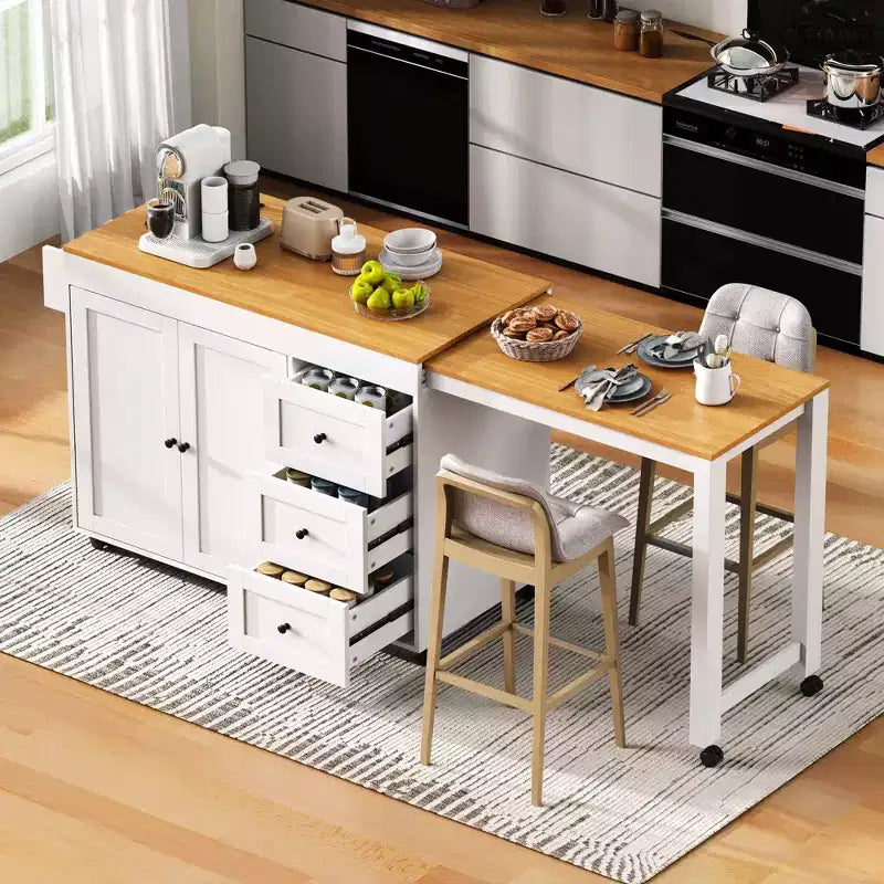 Îlot de cuisine avec table extensible, rangement et prise électrique