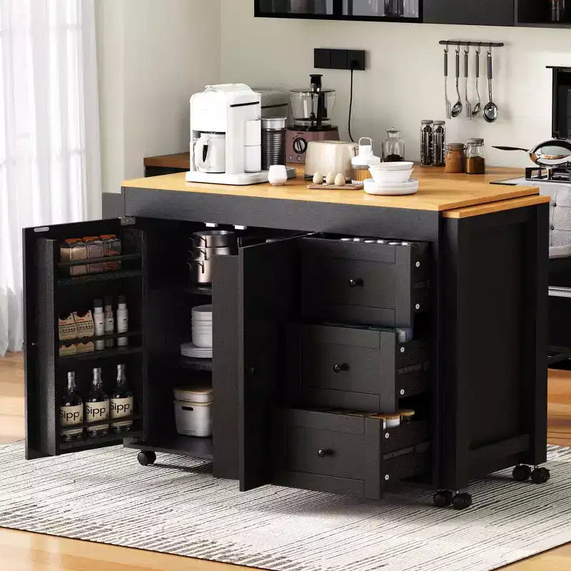 Îlot de cuisine avec table extensible, rangement et prise électrique