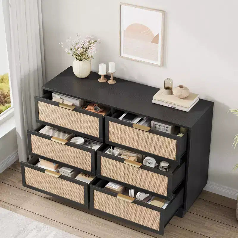 Commode 6 tiroirs en rotin avec poignées en métal – 119 cm de large