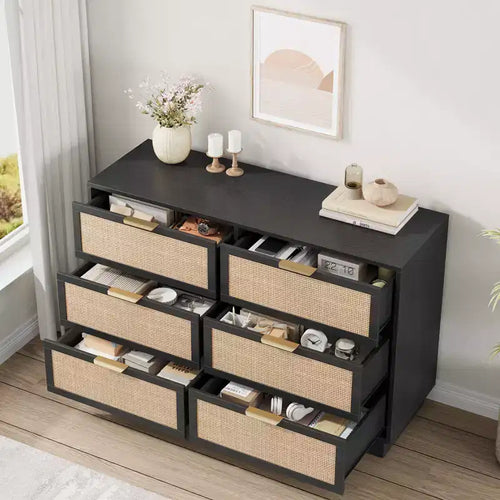Commode 6 tiroirs en rotin avec poignées en métal – 119 cm de large