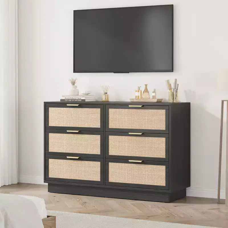 Commode 6 tiroirs en rotin avec poignées en métal – 119 cm de large