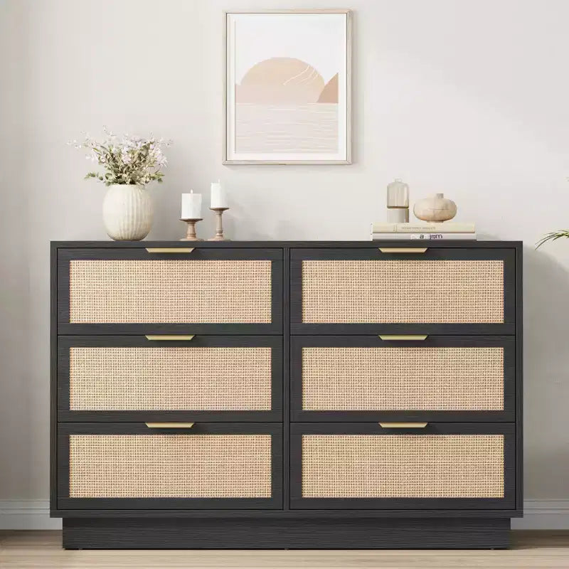 Commode 6 tiroirs en rotin avec poignées en métal – 119 cm de large