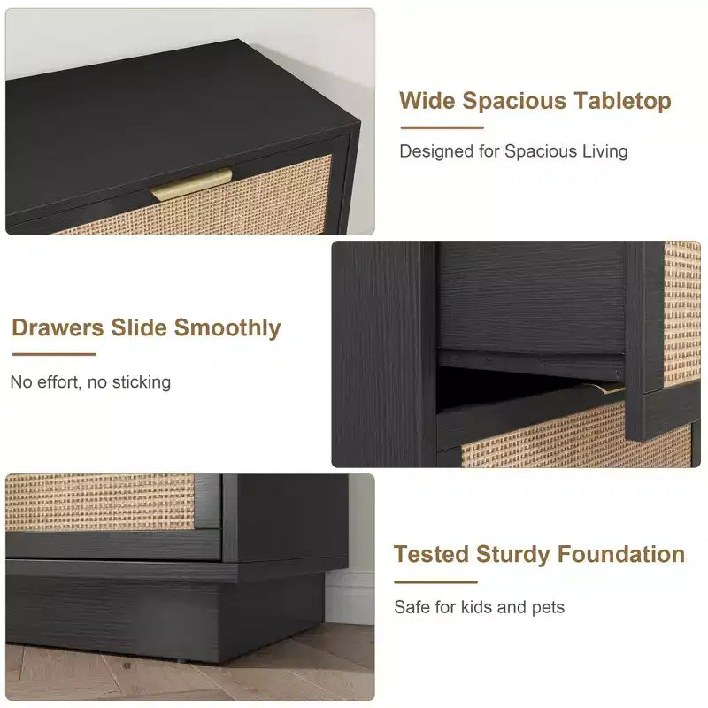 Commode 6 tiroirs en rotin avec poignées en métal – 119 cm de large