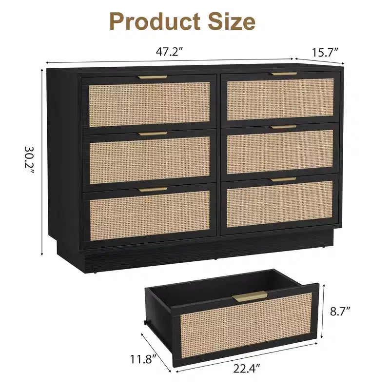 Commode 6 tiroirs en rotin avec poignées en métal – 119 cm de large