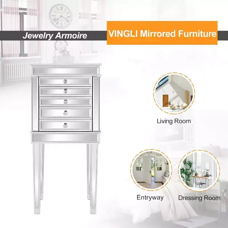 VINGLI Armoire à bijoux avec miroir, Cabinet à bijoux sur pied avec 6 tiroirs et 2 portes latérales