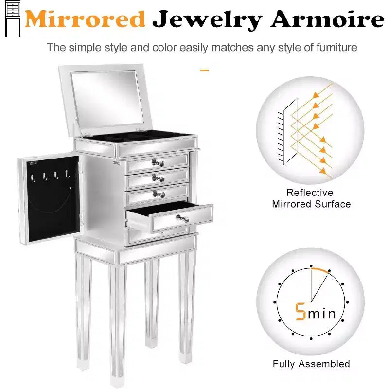 VINGLI Armoire à bijoux avec miroir, Cabinet à bijoux sur pied avec 6 tiroirs et 2 portes latérales