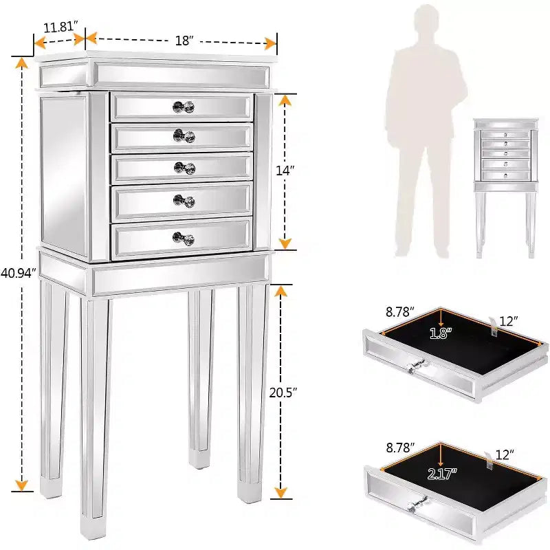 VINGLI Armoire à bijoux avec miroir, Cabinet à bijoux sur pied avec 6 tiroirs et 2 portes latérales