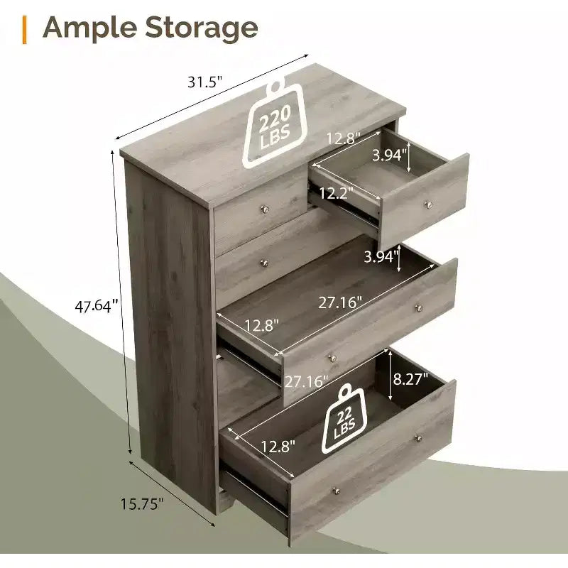 VINGLI Commode Haute, Commode à 6 Tiroirs Grise, Commodes Grises en Bois pour Chambre à Coucher