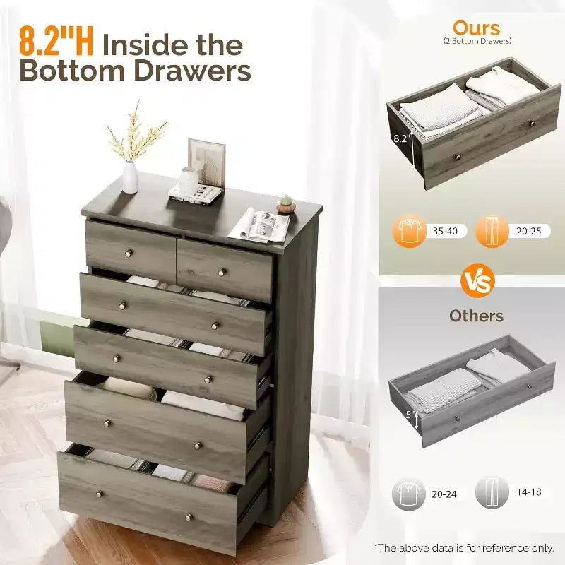VINGLI Commode Haute, Commode à 6 Tiroirs Grise, Commodes Grises en Bois pour Chambre à Coucher