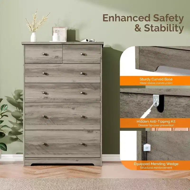 VINGLI Commode Haute, Commode à 6 Tiroirs Grise, Commodes Grises en Bois pour Chambre à Coucher