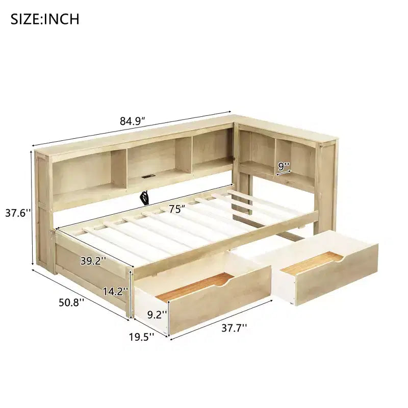 Lit de jour jumeau avec lit gigogne et bibliothèque, lit de jour en forme de L avec étagères et ports USB, cadre de lit d'angle jumeau avec tête de lit