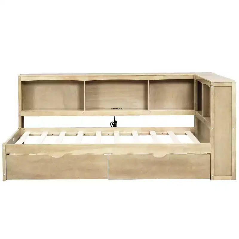 Lit de jour jumeau avec lit gigogne et bibliothèque, lit de jour en forme de L avec étagères et ports USB, cadre de lit d'angle jumeau avec tête de lit