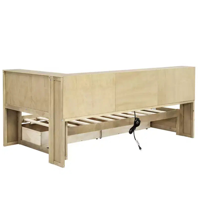 Lit de jour jumeau avec lit gigogne et bibliothèque, lit de jour en forme de L avec étagères et ports USB, cadre de lit d'angle jumeau avec tête de lit