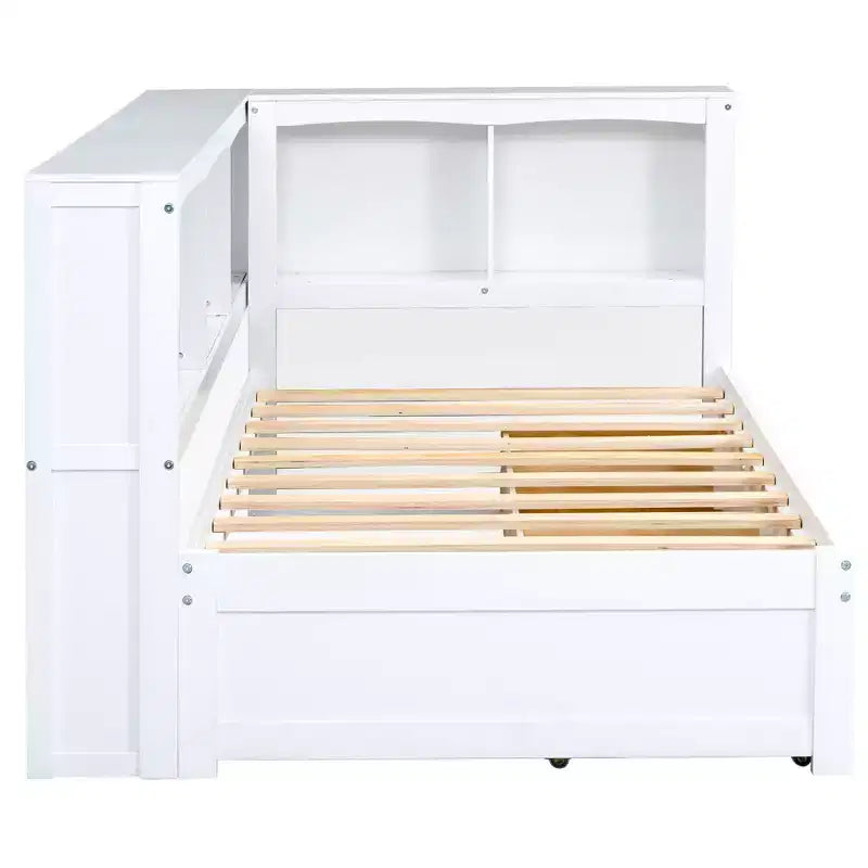 Lit de jour jumeau avec lit gigogne et bibliothèque, lit de jour en forme de L avec étagères et ports USB, cadre de lit d'angle jumeau avec tête de lit