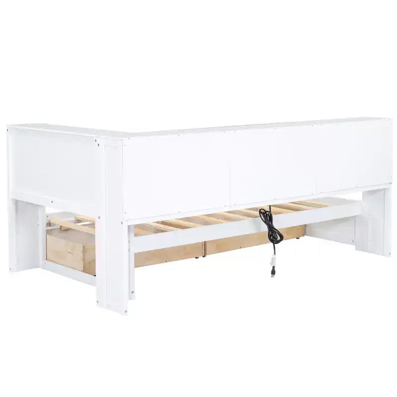 Lit de jour jumeau avec lit gigogne et bibliothèque, lit de jour en forme de L avec étagères et ports USB, cadre de lit d'angle jumeau avec tête de lit