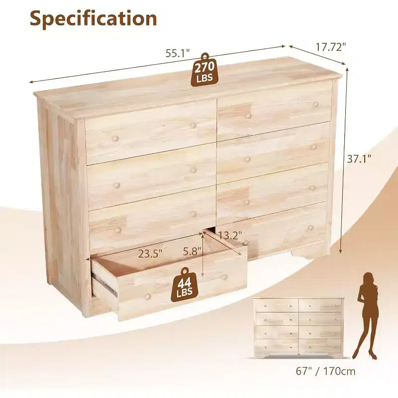 Commode 8 tiroirs en bois massif 55" – Hévéa non traité