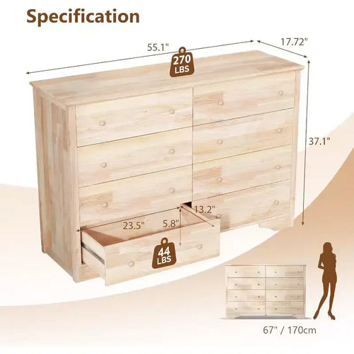 Commode 8 tiroirs en bois massif 55" – Hévéa non traité