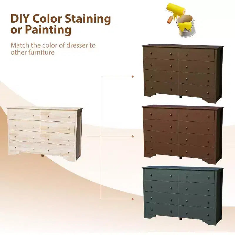Commode 8 tiroirs en bois massif 55" – Hévéa non traité