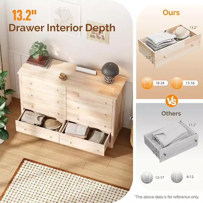 Commode 8 tiroirs en bois massif 55" – Hévéa non traité