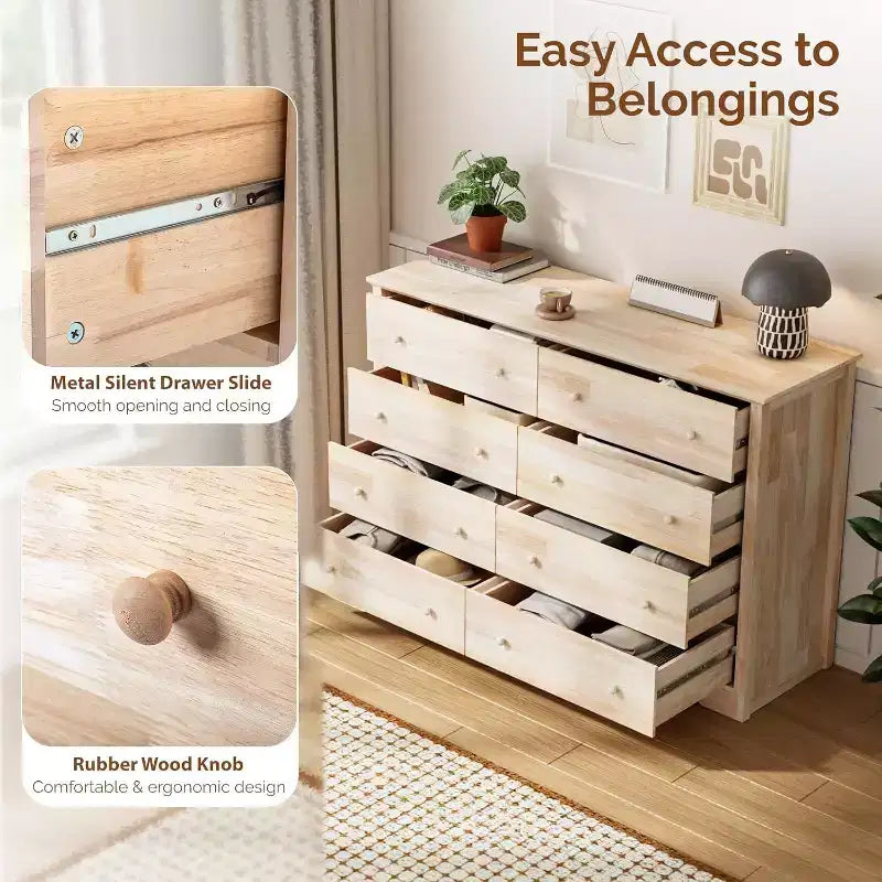 Commode 8 tiroirs en bois massif 55" – Hévéa non traité