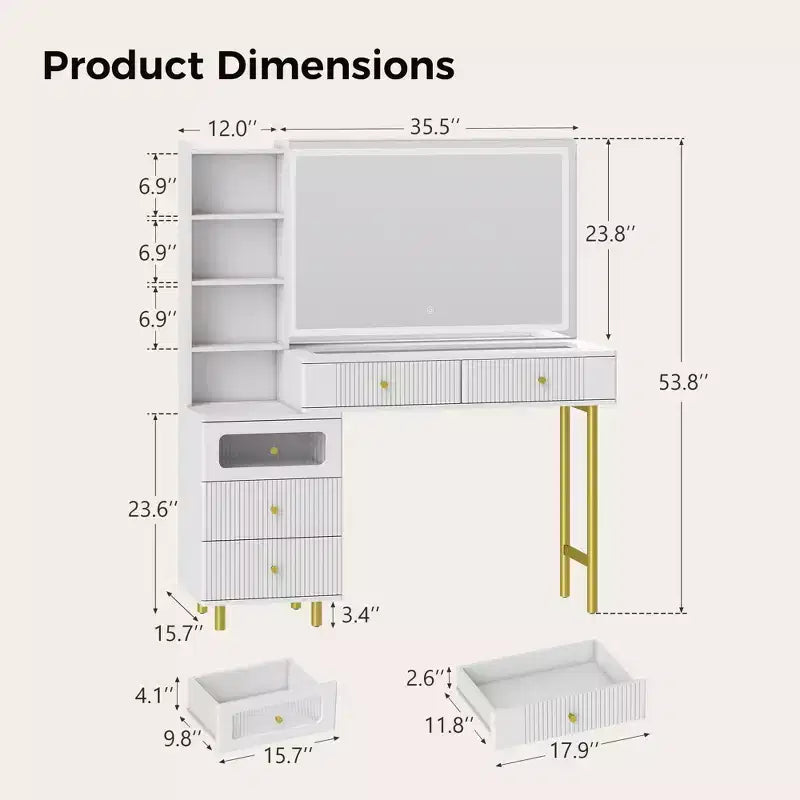 Coiffeuse 48 po avec miroir et lumières, coiffeuse moderne cannelée avec plateau en verre et armoire de rangement