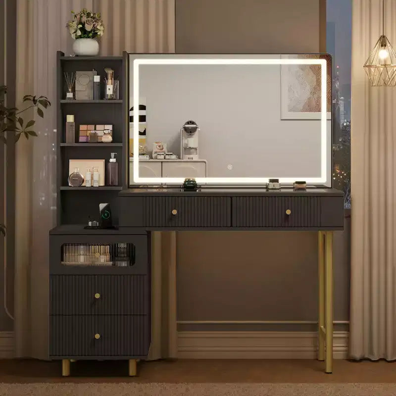 Coiffeuse 48 po avec miroir et lumières, coiffeuse moderne cannelée avec plateau en verre et armoire de rangement