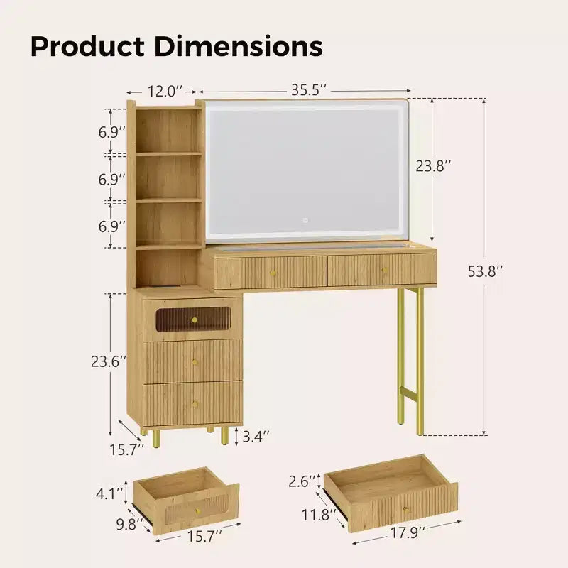 Coiffeuse 48 po avec miroir et lumières, coiffeuse moderne cannelée avec plateau en verre et armoire de rangement