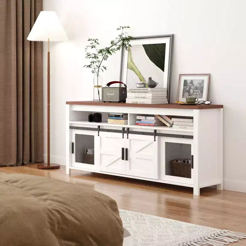 Meuble TV de Ferme avec Portes Coulissantes en Grange, Meuble Média de Style Industriel avec Rangement Adapté aux Salons, Cuisines et Salles à Manger