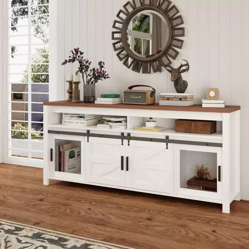 Meuble TV de Ferme avec Portes Coulissantes en Grange, Meuble Média de Style Industriel avec Rangement Adapté aux Salons, Cuisines et Salles à Manger