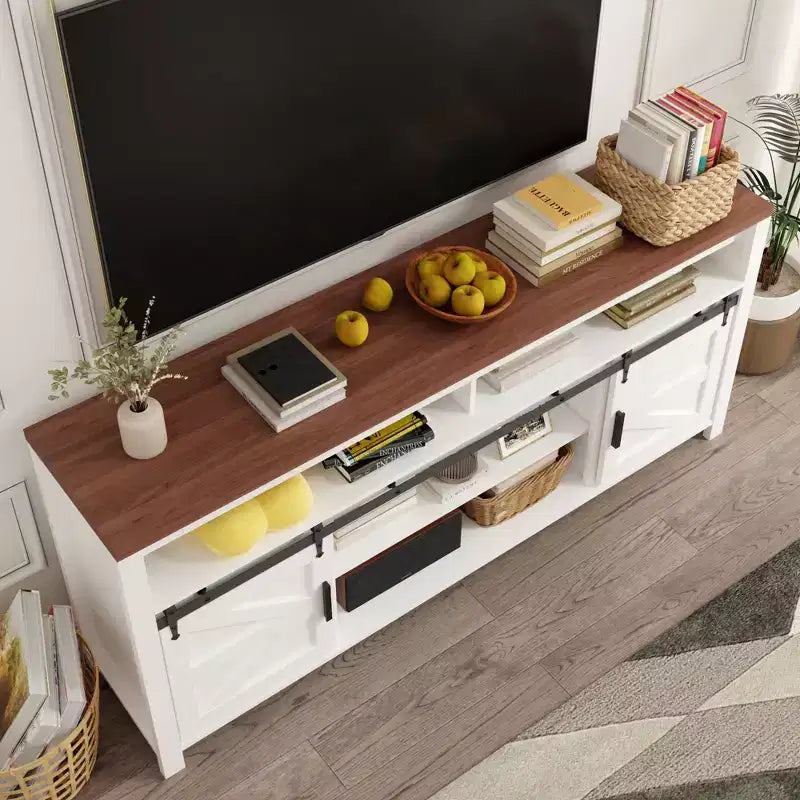 Meuble TV de Ferme avec Portes Coulissantes en Grange, Meuble Média de Style Industriel avec Rangement Adapté aux Salons, Cuisines et Salles à Manger