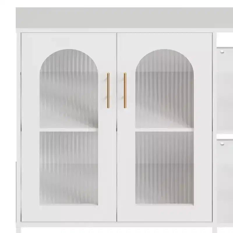 Buffet moderne de rangement avec portes vitrées, meuble de bar à café avec 2 étagères de rangement ouvertes et poignée en métal, meuble d'appoint, salon, salle à manger, blanc