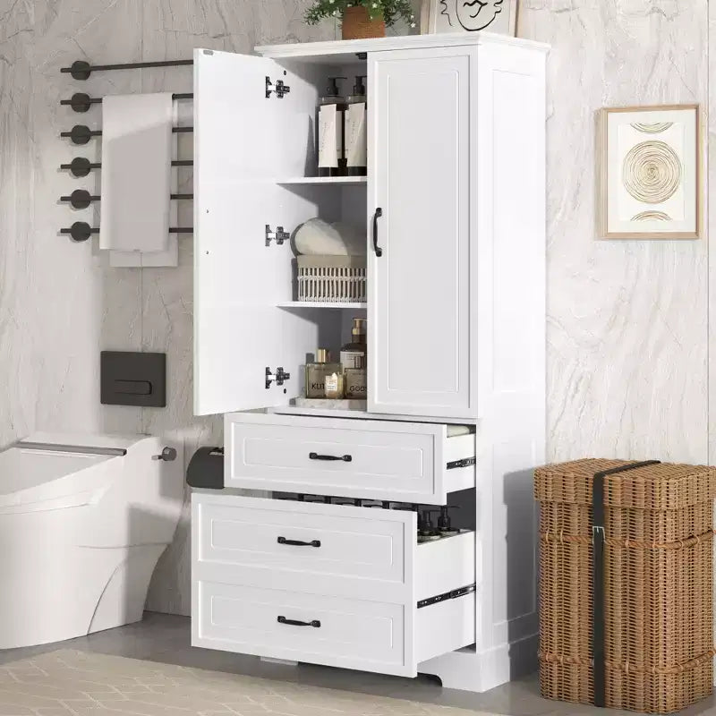 JVNOXK-Meuble de Rangement Haut pour Salle de Bain, Meuble avec Deux Portes et Tiroirs, Étagère Réglable, Panneau MDF, Blanc