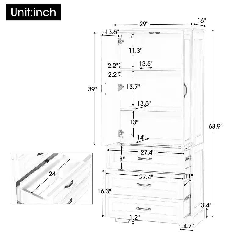 JVNOXK-Meuble de Rangement Haut pour Salle de Bain, Meuble avec Deux Portes et Tiroirs, Étagère Réglable, Panneau MDF, Blanc