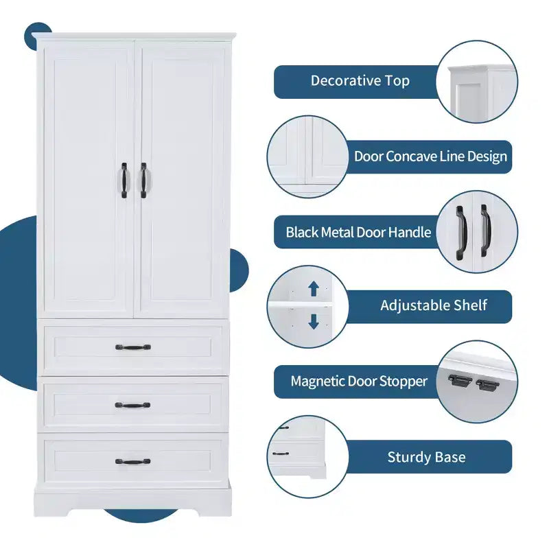 JVNOXK-Meuble de Rangement Haut pour Salle de Bain, Meuble avec Deux Portes et Tiroirs, Étagère Réglable, Panneau MDF, Blanc