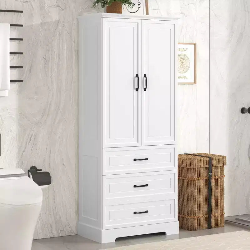 JVNOXK-Meuble de Rangement Haut pour Salle de Bain, Meuble avec Deux Portes et Tiroirs, Étagère Réglable, Panneau MDF, Blanc