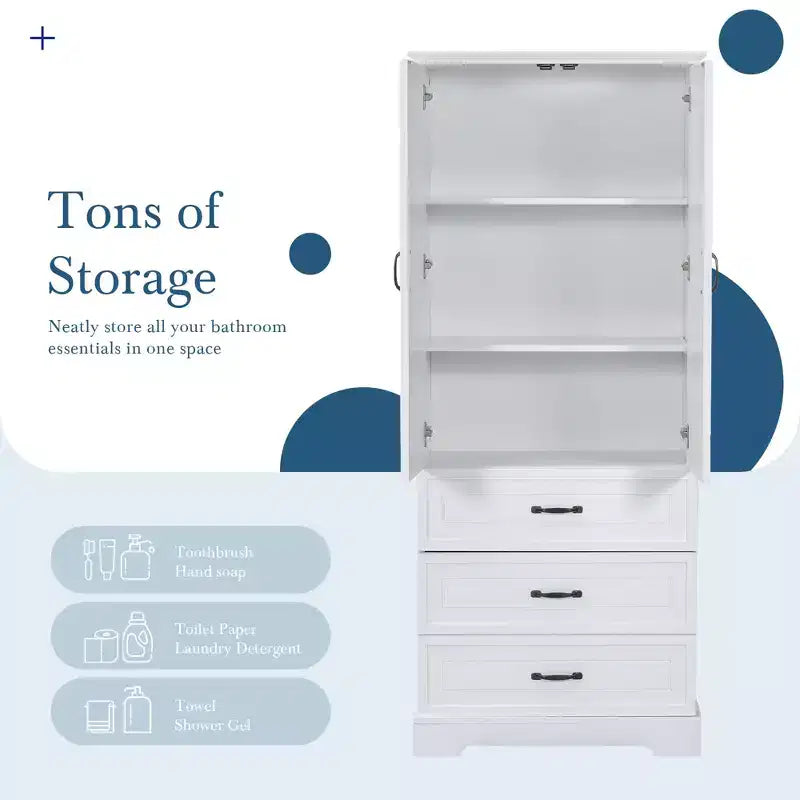 JVNOXK-Meuble de Rangement Haut pour Salle de Bain, Meuble avec Deux Portes et Tiroirs, Étagère Réglable, Panneau MDF, Blanc
