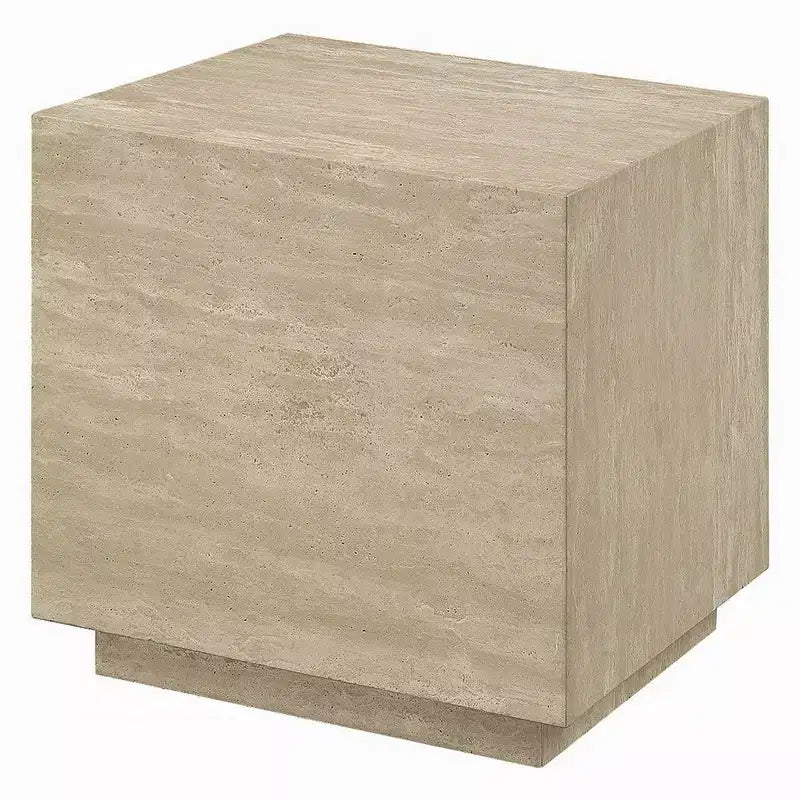 Table d'appoint Royal Hampton, plateau carré en travertin de 48 cm, bois naturel beige