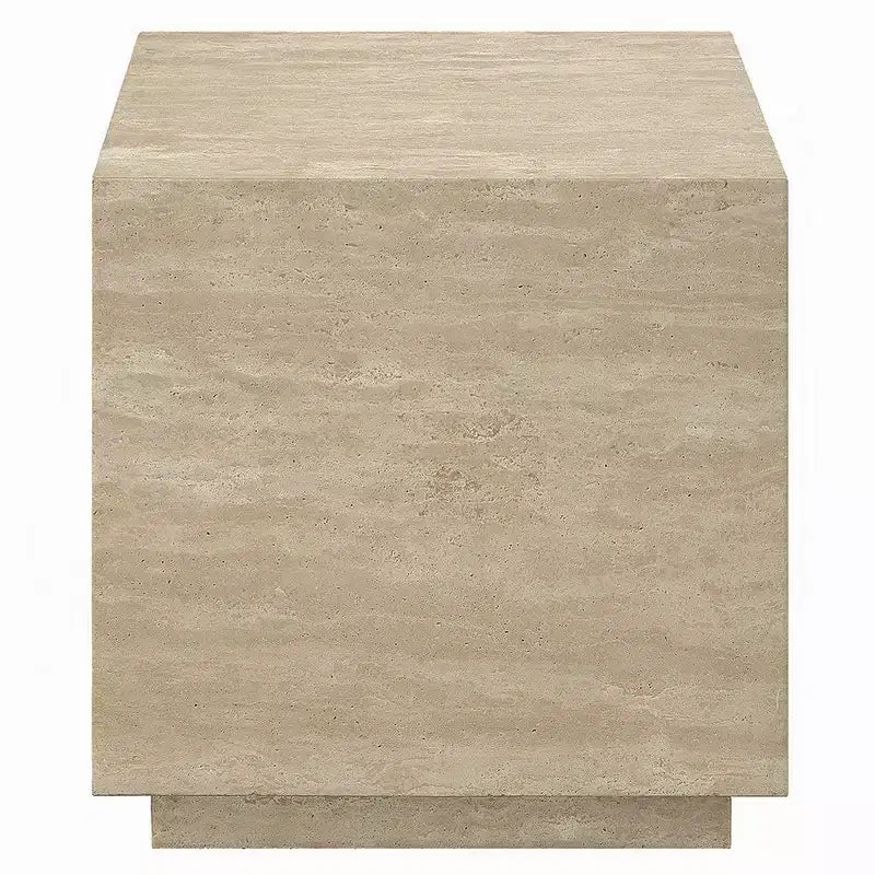 Table d'appoint Royal Hampton, plateau carré en travertin de 48 cm, bois naturel beige