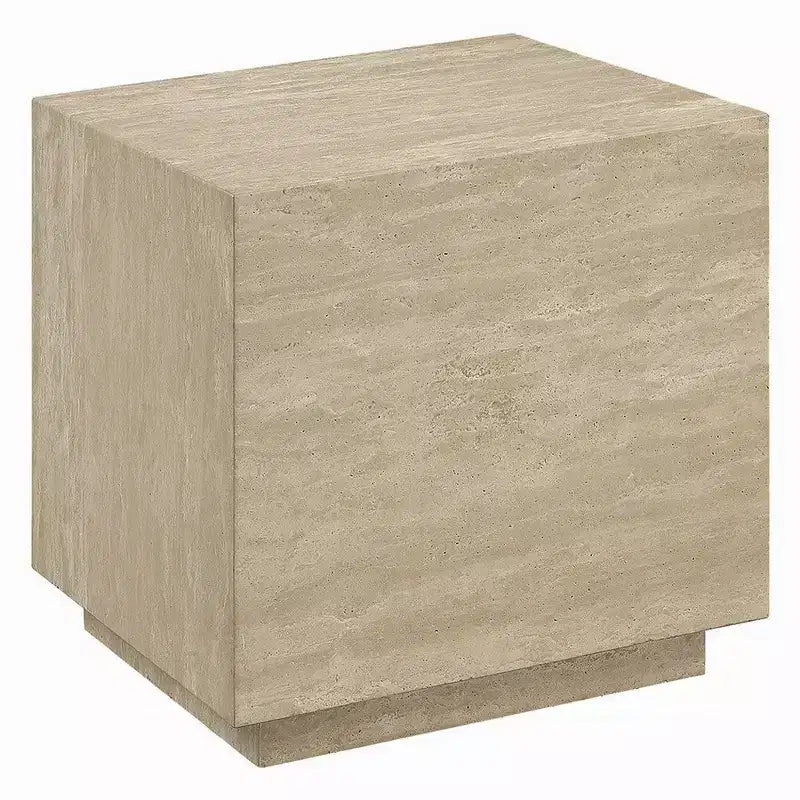Table d'appoint Royal Hampton, plateau carré en travertin de 48 cm, bois naturel beige