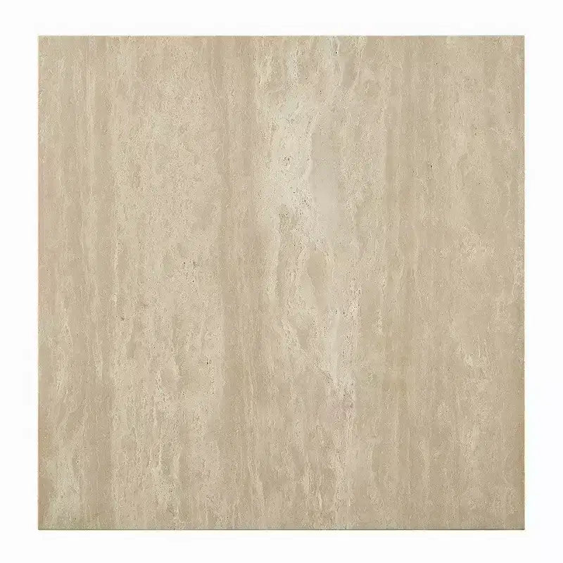 Table d'appoint Royal Hampton, plateau carré en travertin de 48 cm, bois naturel beige