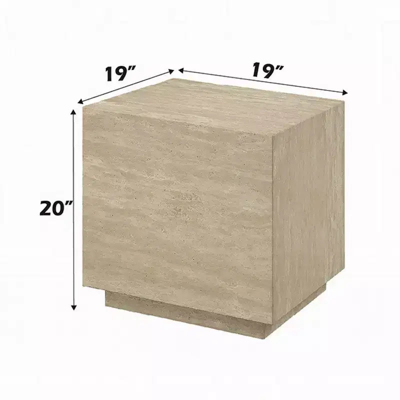 Table d'appoint Royal Hampton, plateau carré en travertin de 48 cm, bois naturel beige