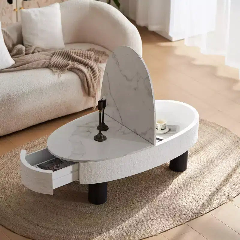 GDFStudio Juno Mid-Century Modern 47.20W Wooden Oval Coffee Table with Hidden Drawer and Storage Space