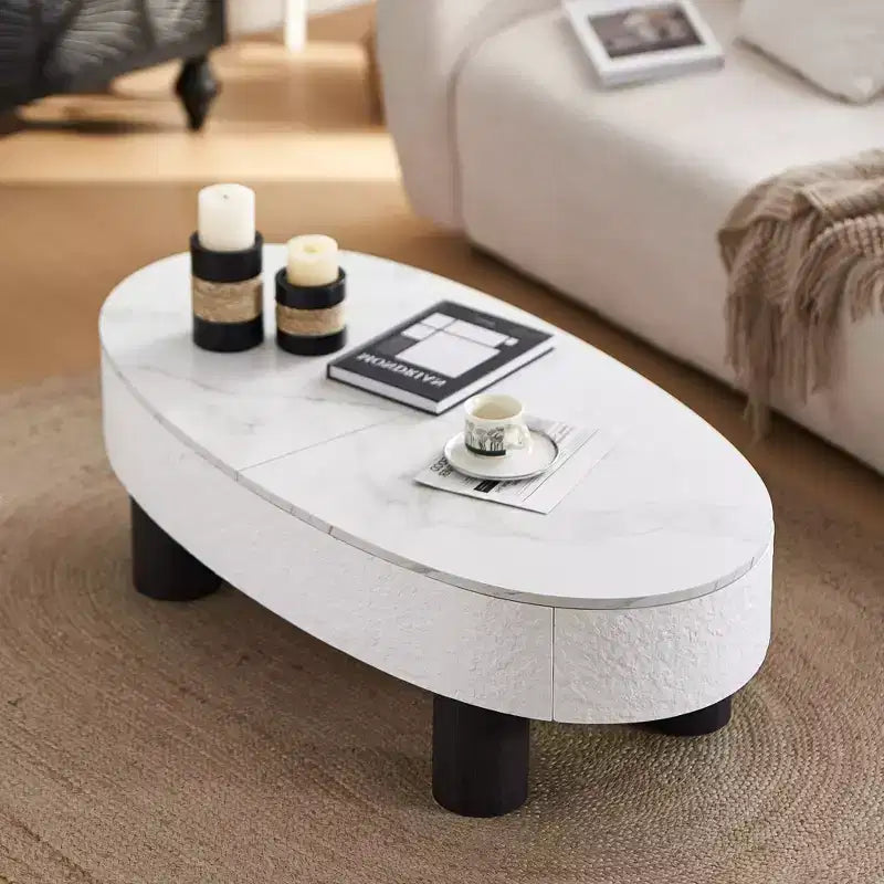 GDFStudio Juno Table basse ovale en bois de style moderne du milieu du siècle avec tiroir caché et espace de rangement, 120 cm de large