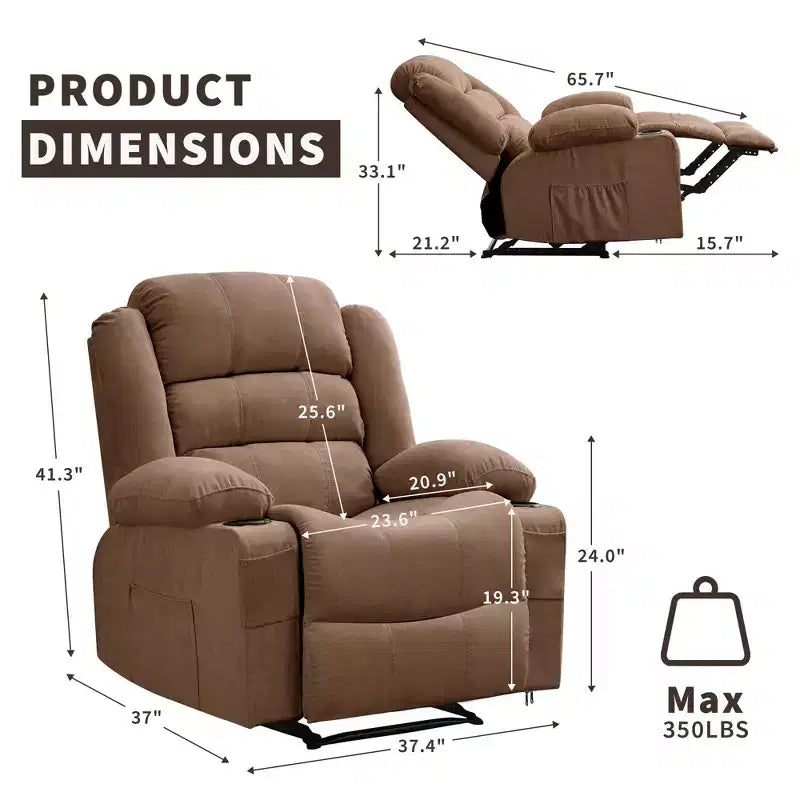 Fauteuil inclinable manuel surdimensionné avec inclinaison à 3 positions, fauteuil de salon individuel surrembourré élargi avec 2 porte-gobelets, 2 poches latérales, tissu chenille