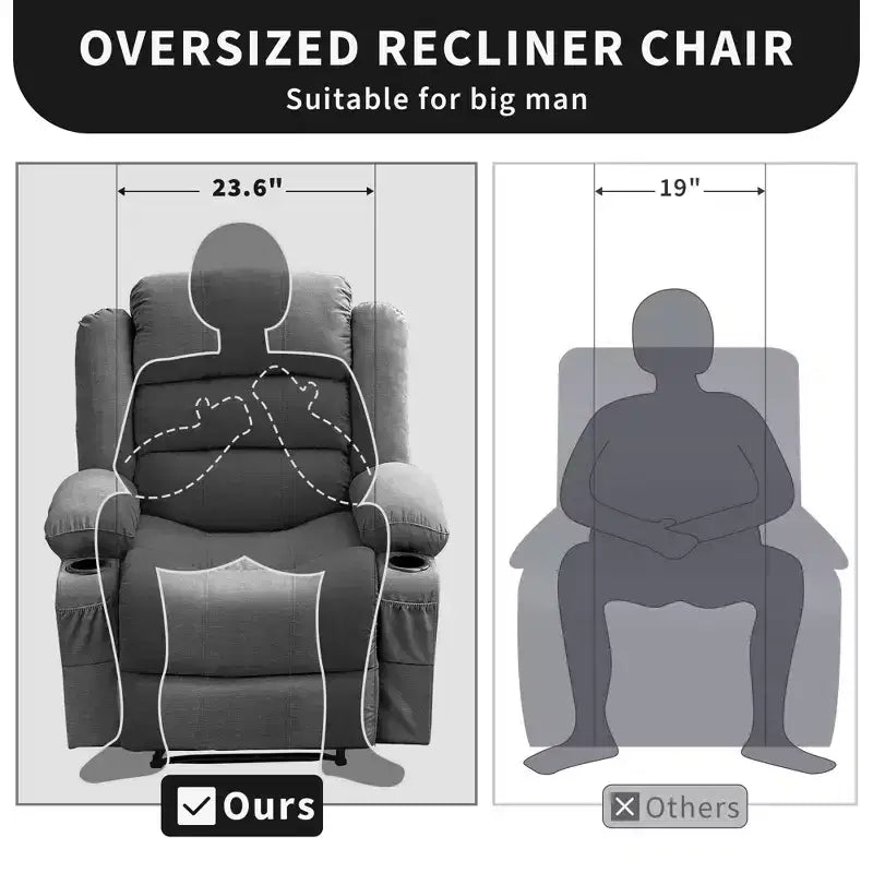Fauteuil inclinable manuel surdimensionné avec inclinaison à 3 positions, fauteuil de salon individuel surrembourré élargi avec 2 porte-gobelets, 2 poches latérales, tissu chenille