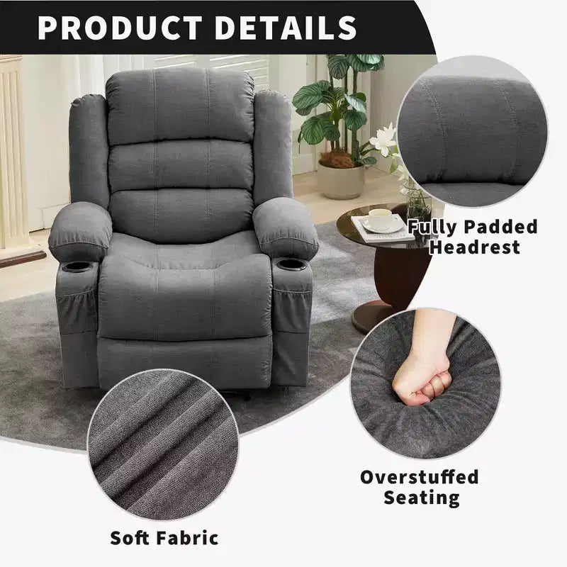 Fauteuil inclinable manuel surdimensionné avec inclinaison à 3 positions, fauteuil de salon individuel surrembourré élargi avec 2 porte-gobelets, 2 poches latérales, tissu chenille