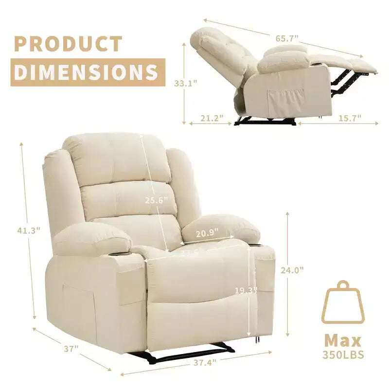 Fauteuil inclinable manuel surdimensionné avec inclinaison à 3 positions, fauteuil de salon individuel surrembourré élargi avec 2 porte-gobelets, 2 poches latérales, tissu chenille