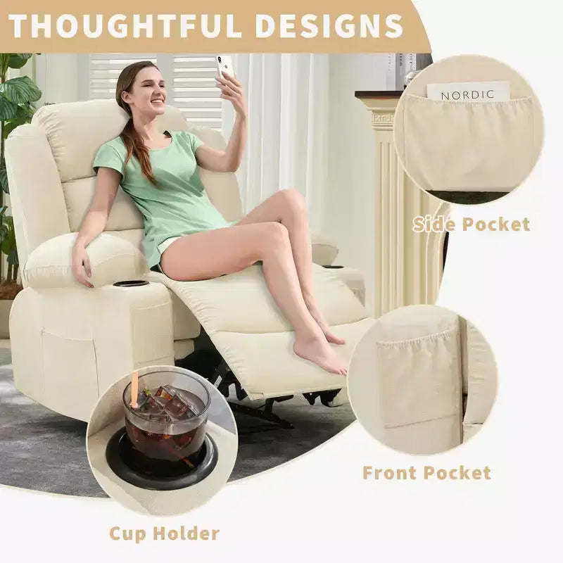 Fauteuil inclinable manuel surdimensionné avec inclinaison à 3 positions, fauteuil de salon individuel surrembourré élargi avec 2 porte-gobelets, 2 poches latérales, tissu chenille