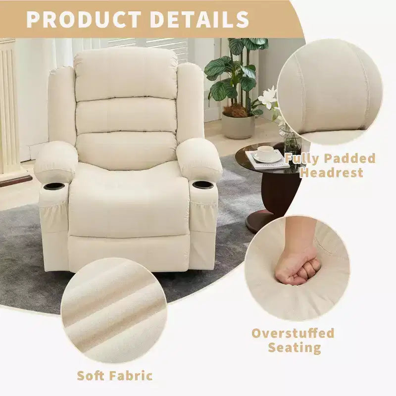 Fauteuil inclinable manuel surdimensionné avec inclinaison à 3 positions, fauteuil de salon individuel surrembourré élargi avec 2 porte-gobelets, 2 poches latérales, tissu chenille